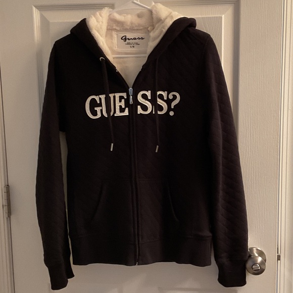 Guess Black Quilted Hoodie with White Fuzzy Lining - Picture 1 of 3